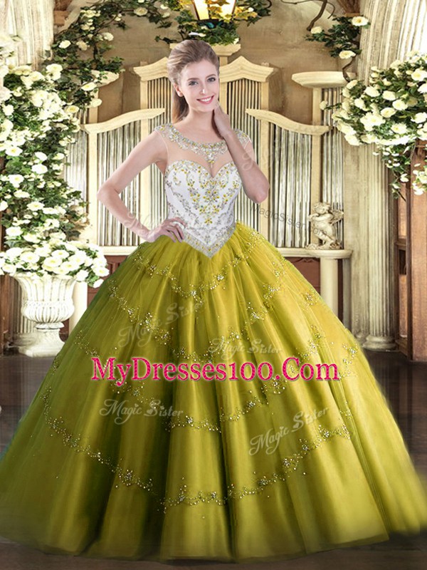 Fitting Olive Green Scoop Zipper Beading and Appliques Quinceanera Dress Sleeveless
