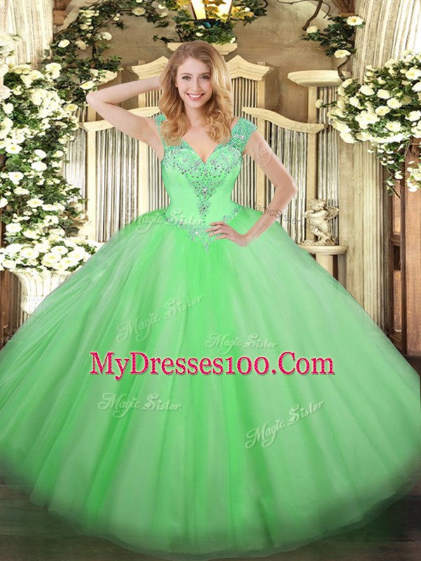 On Sale V-neck Sleeveless Tulle 15th Birthday Dress Beading Lace Up