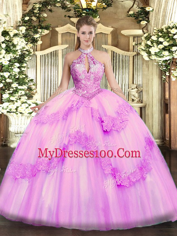 Floor Length Lilac Quinceanera Dress Organza Sleeveless Appliques and Sequins