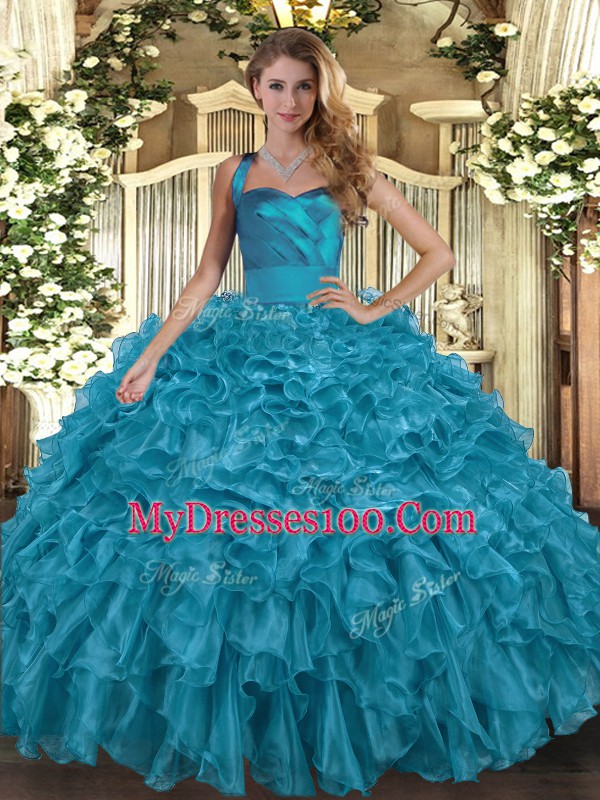 Halter Top Sleeveless Organza Sweet 16 Dresses Ruffles Lace Up