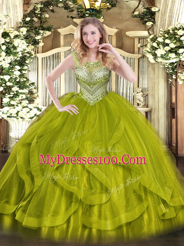 Stylish Olive Green Scoop Neckline Beading Quinceanera Dresses Sleeveless Lace Up