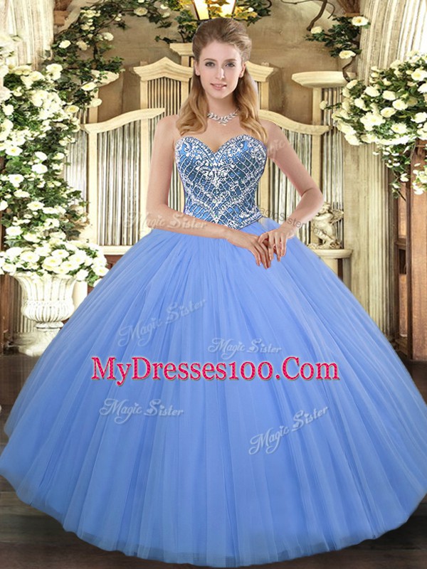 Clearance Baby Blue Tulle Lace Up Sweetheart Sleeveless Floor Length Quinceanera Gown Beading