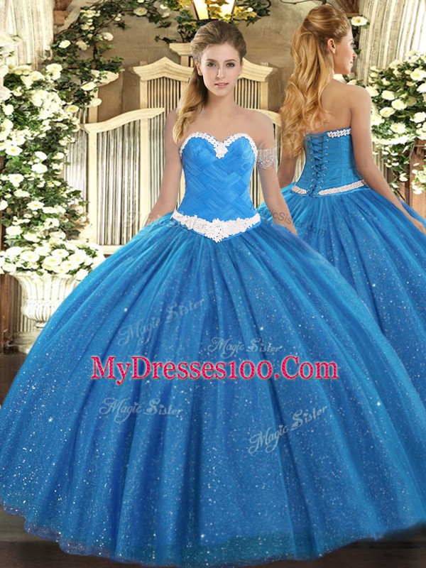 Sumptuous Blue Sweet 16 Quinceanera Dress Military Ball and Sweet 16 and Quinceanera with Appliques Sweetheart Sleeveless Lace Up