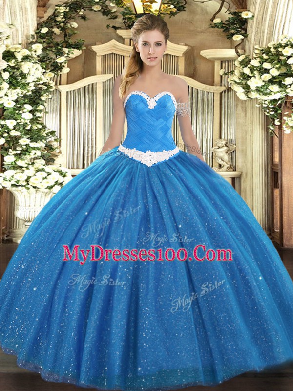 Sumptuous Blue Sweet 16 Quinceanera Dress Military Ball and Sweet 16 and Quinceanera with Appliques Sweetheart Sleeveless Lace Up