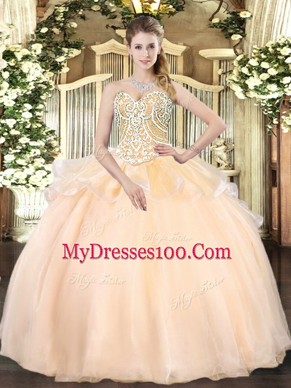 Shining Champagne Ball Gowns Beading Quince Ball Gowns Lace Up Organza Sleeveless Floor Length