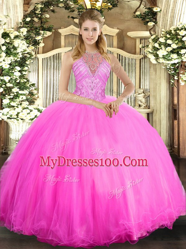 Rose Pink Sleeveless Beading Floor Length Ball Gown Prom Dress