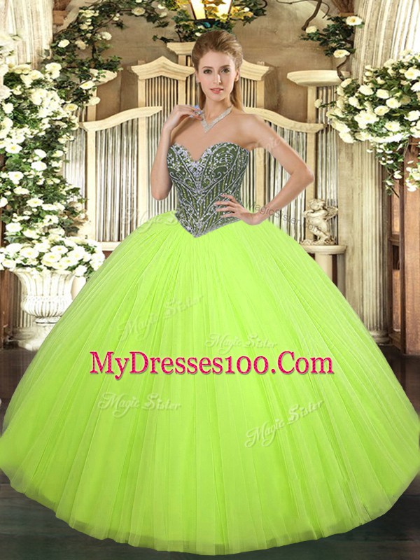 Floor Length Yellow Green Quince Ball Gowns Sweetheart Sleeveless Lace Up