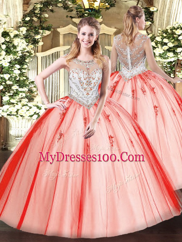 Decent Coral Red Sleeveless Beading and Appliques Floor Length Quinceanera Dresses