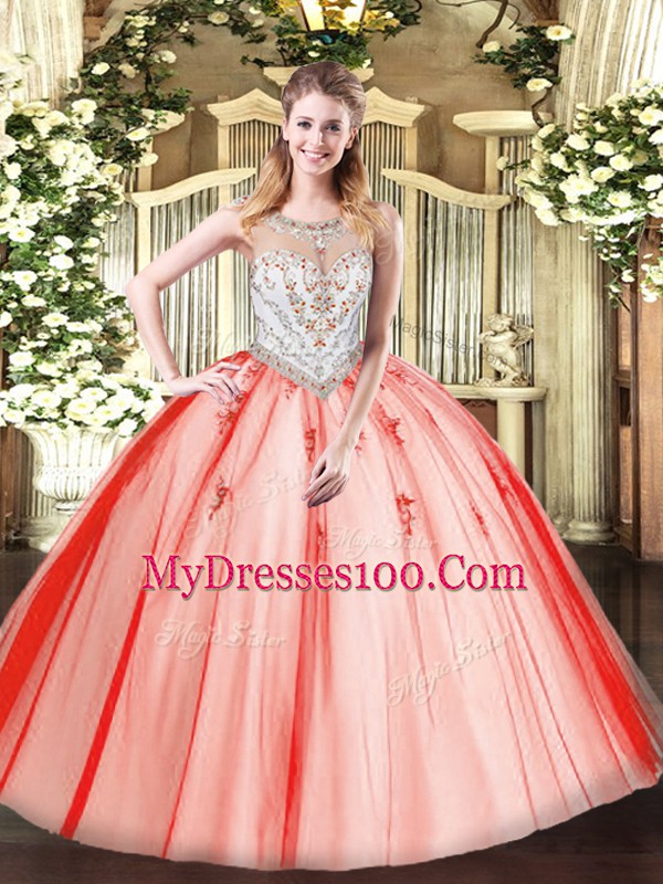 Decent Coral Red Sleeveless Beading and Appliques Floor Length Quinceanera Dresses
