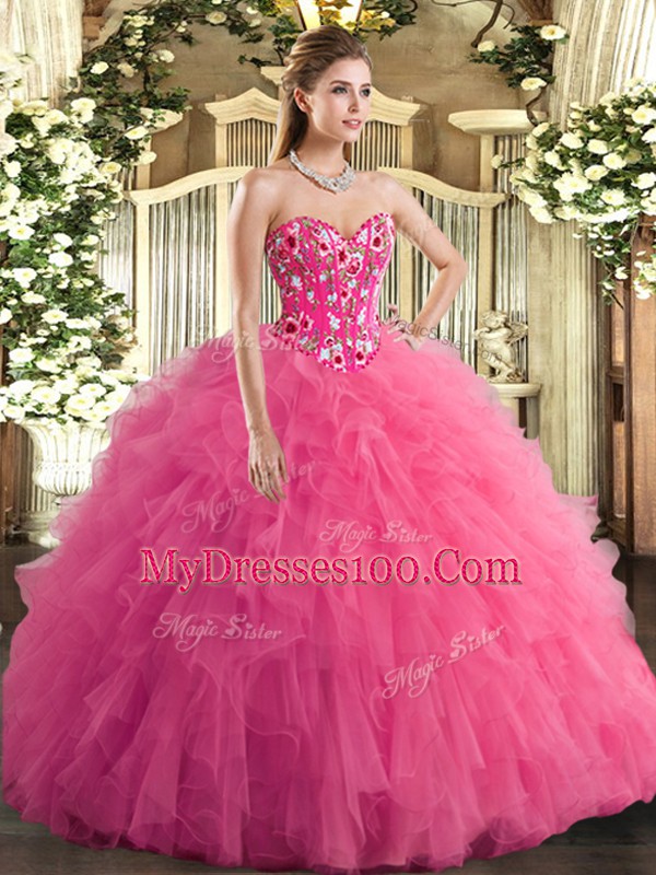 Glorious Tulle Sweetheart Sleeveless Lace Up Embroidery and Ruffles Quinceanera Dresses in Hot Pink