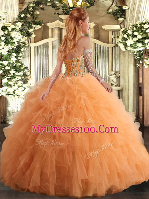 Glorious Tulle Sweetheart Sleeveless Lace Up Embroidery and Ruffles Quinceanera Dresses in Hot Pink