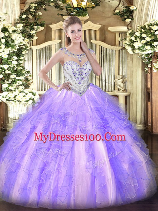 Modest Lavender Sleeveless Floor Length Beading and Ruffles Zipper Quinceanera Gowns