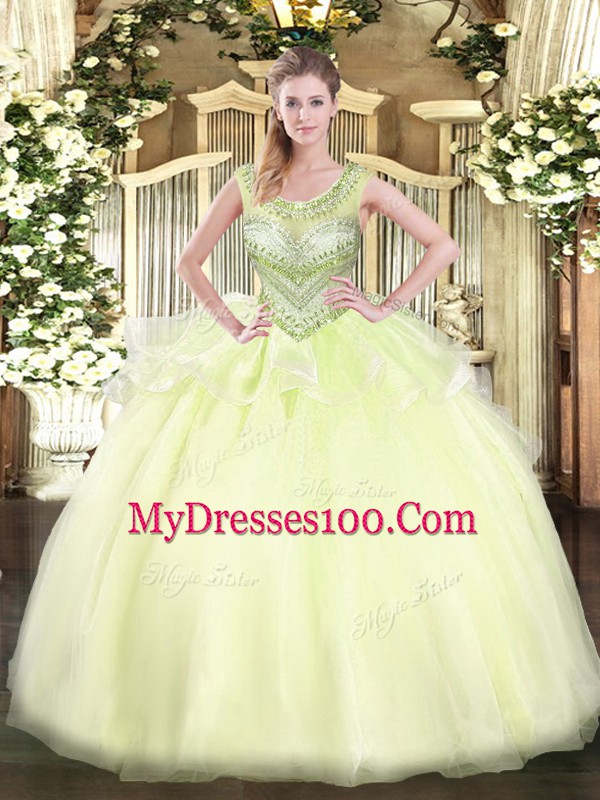 Sophisticated Light Yellow Lace Up Scoop Beading Sweet 16 Dress Organza Sleeveless