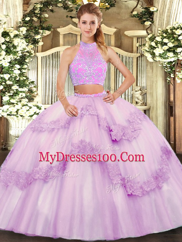 Lilac Tulle Criss Cross Sweetheart Sleeveless Floor Length Vestidos de Quinceanera Beading and Appliques and Ruffles