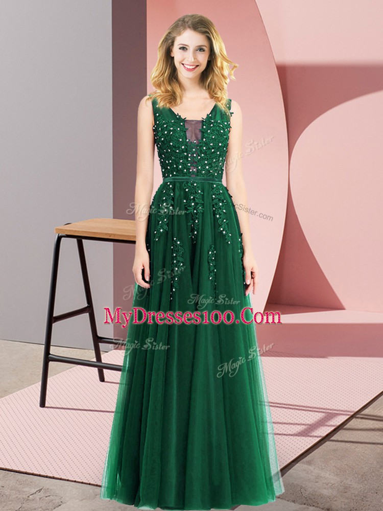 Sleeveless Backless Floor Length Beading and Appliques Prom Party Dress