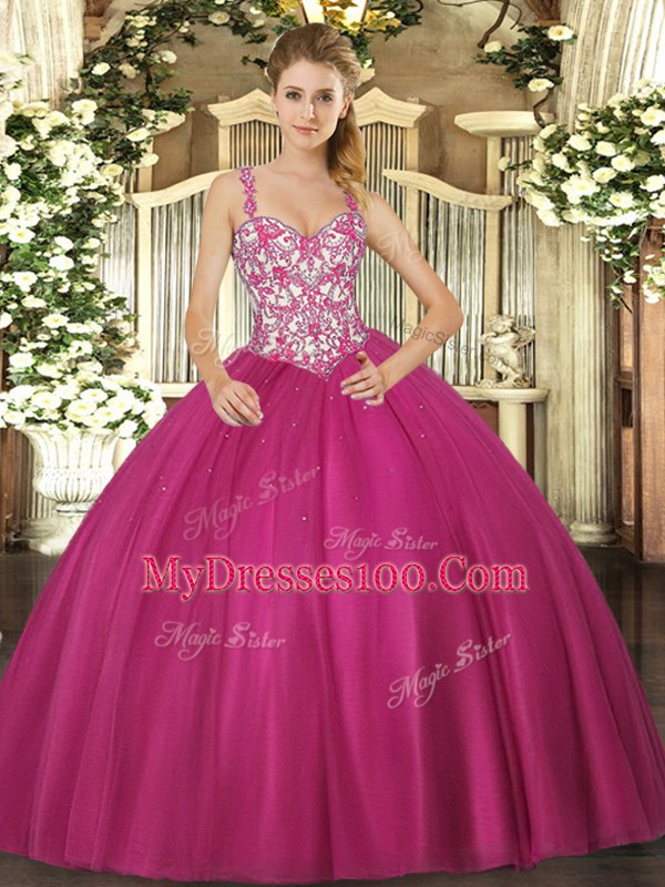 Straps Sleeveless Lace Up Sweet 16 Dresses Fuchsia Tulle