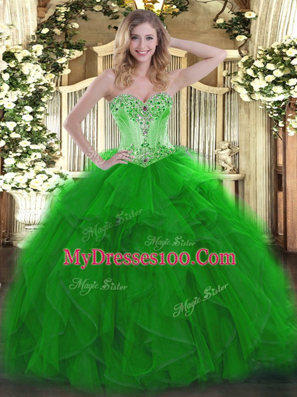 Green Lace Up Sweetheart Beading and Ruffles 15 Quinceanera Dress Organza Sleeveless
