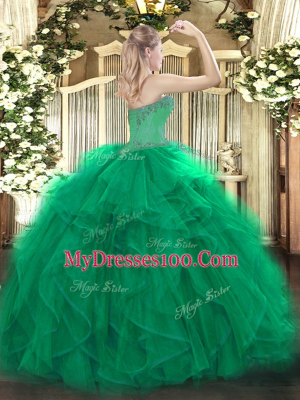 Green Lace Up Sweetheart Beading and Ruffles 15 Quinceanera Dress Organza Sleeveless
