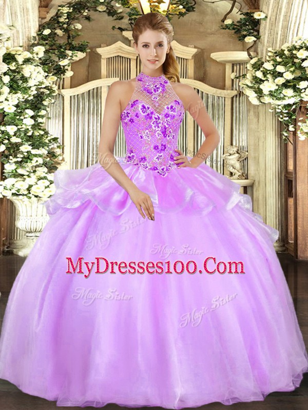 Decent Lilac Halter Top Lace Up Embroidery Sweet 16 Dress Sleeveless