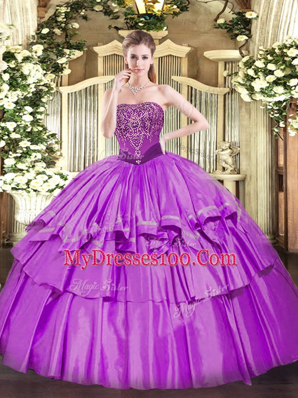 Fantastic Strapless Sleeveless Quinceanera Dresses Floor Length Beading and Ruffled Layers Lilac Organza and Taffeta