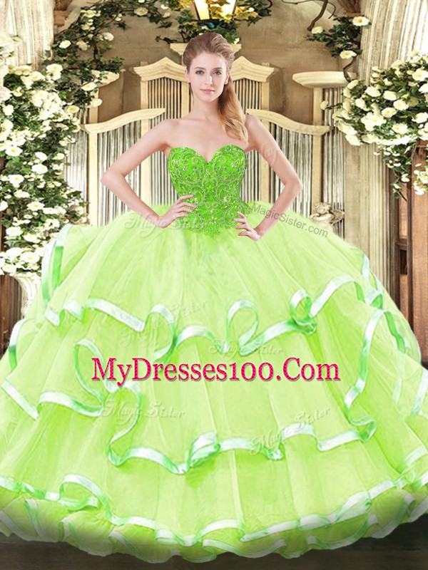 Modern Sweetheart Sleeveless Quinceanera Gowns Floor Length Lace Yellow Green Organza