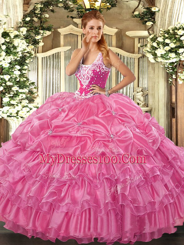 Discount Rose Pink Ball Gowns Straps Sleeveless Organza Floor Length Lace Up Beading and Ruffled Layers and Pick Ups Sweet 16 Quinceanera Dress