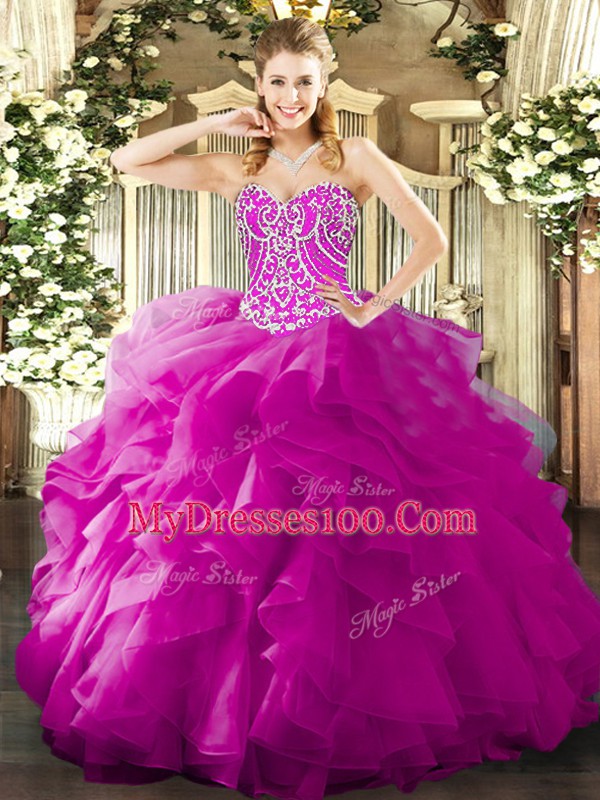 Fuchsia Organza Lace Up Sweetheart Sleeveless Floor Length Ball Gown Prom Dress Beading and Ruffles