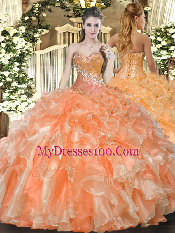 Sweetheart Sleeveless Organza Quinceanera Gowns Beading and Ruffles Lace Up