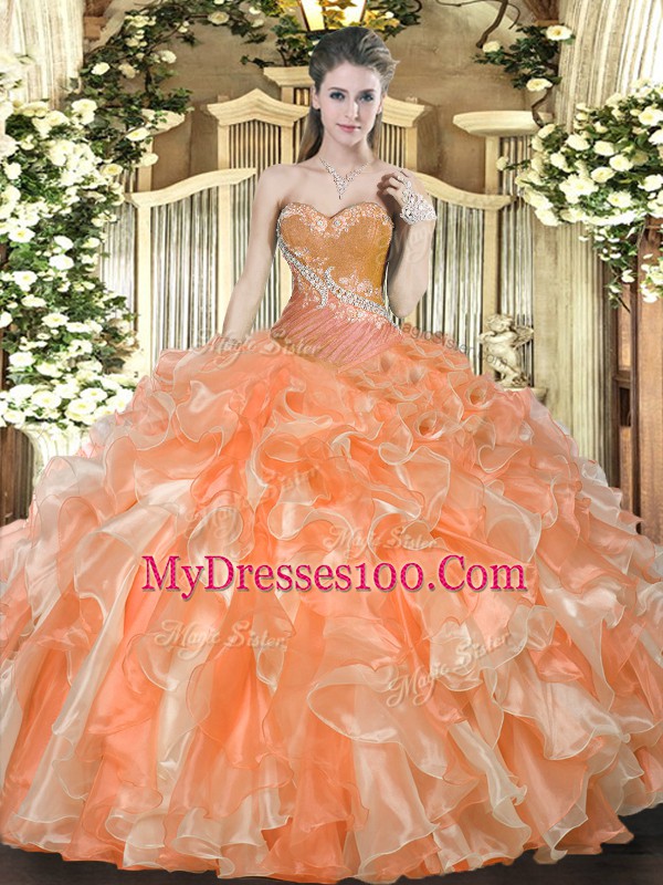 Sweetheart Sleeveless Organza Quinceanera Gowns Beading and Ruffles Lace Up