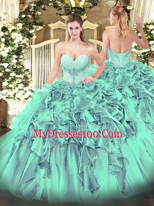 Wonderful Organza Sweetheart Sleeveless Lace Up Beading and Ruffles Quinceanera Gowns in Turquoise