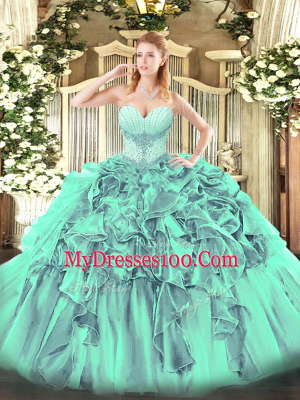 Wonderful Organza Sweetheart Sleeveless Lace Up Beading and Ruffles Quinceanera Gowns in Turquoise