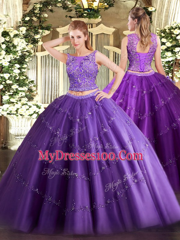 Purple Lace Up Ball Gown Prom Dress Beading and Appliques Sleeveless Floor Length
