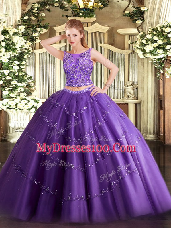 Purple Lace Up Ball Gown Prom Dress Beading and Appliques Sleeveless Floor Length