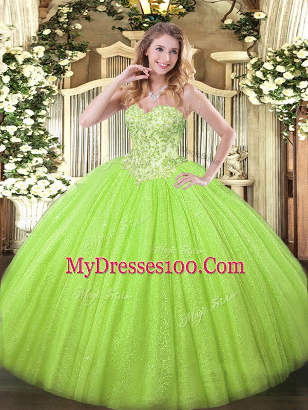 Fitting Sweetheart Sleeveless 15 Quinceanera Dress Floor Length Appliques Yellow Green Tulle and Sequined