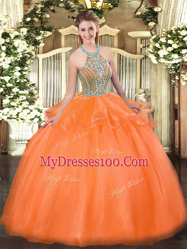 Unique Orange Red Halter Top Neckline Beading and Ruffles Quinceanera Gowns Sleeveless Lace Up
