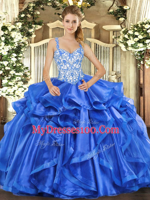 Exceptional Beading and Ruffles Quince Ball Gowns Blue Lace Up Sleeveless Floor Length