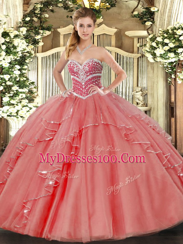 Elegant Floor Length Lace Up Ball Gown Prom Dress Coral Red for Military Ball and Sweet 16 and Quinceanera with Beading and Ruffles