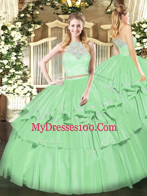 Dramatic Apple Green Organza Zipper Scoop Sleeveless Floor Length Ball Gown Prom Dress Lace and Ruffled Layers