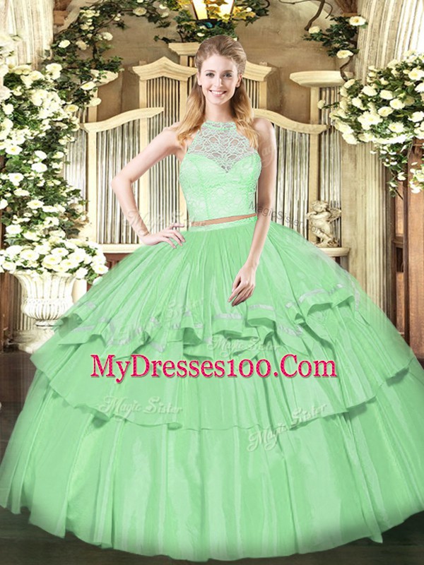 Dramatic Apple Green Organza Zipper Scoop Sleeveless Floor Length Ball Gown Prom Dress Lace and Ruffled Layers