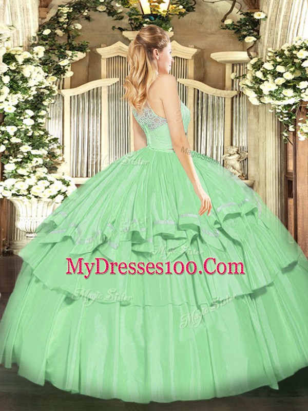 Dramatic Apple Green Organza Zipper Scoop Sleeveless Floor Length Ball Gown Prom Dress Lace and Ruffled Layers