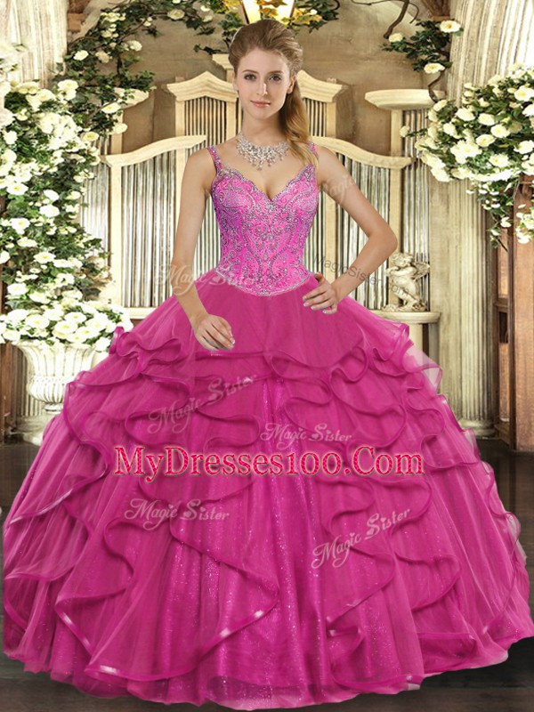 Classical Hot Pink Tulle Lace Up V-neck Sleeveless Floor Length Sweet 16 Dress Beading and Ruffles