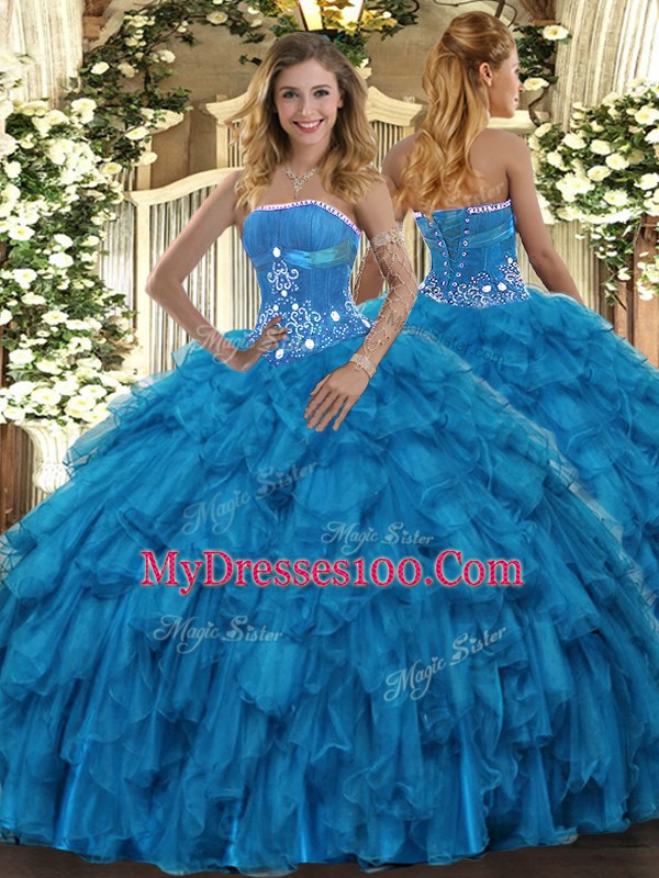Floor Length Baby Blue Quinceanera Gown Strapless Sleeveless Lace Up