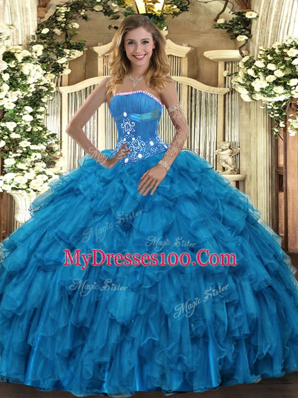 Floor Length Baby Blue Quinceanera Gown Strapless Sleeveless Lace Up