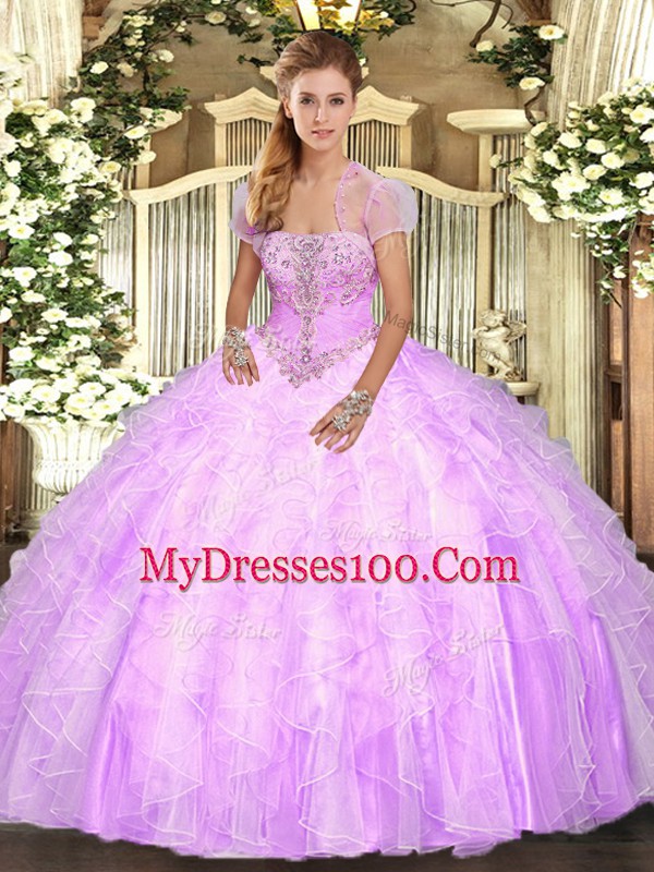 Pretty Strapless Sleeveless Lace Up 15th Birthday Dress Lilac Tulle