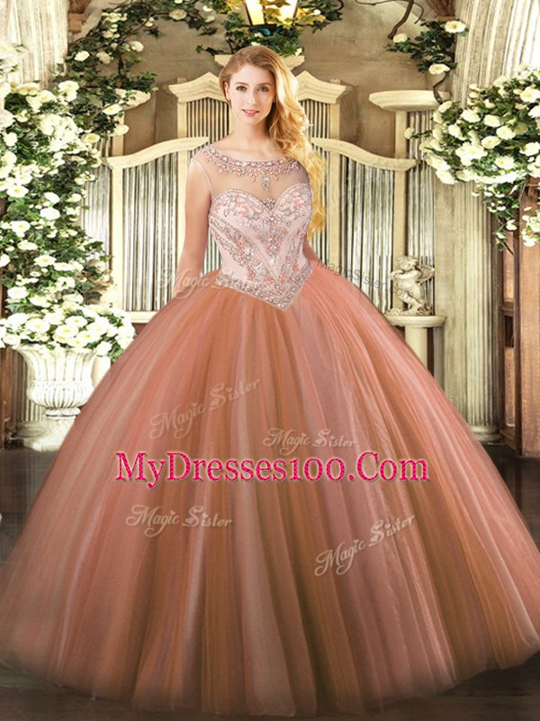 Rust Red Sleeveless Tulle Zipper Quinceanera Gowns for Sweet 16 and Quinceanera