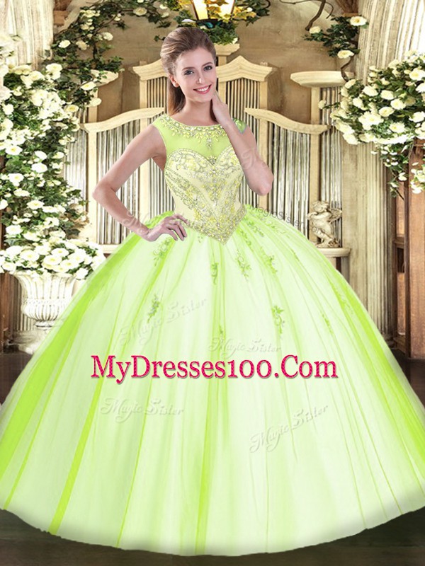 Decent Yellow Green Sleeveless Floor Length Beading and Appliques Zipper Quinceanera Dresses