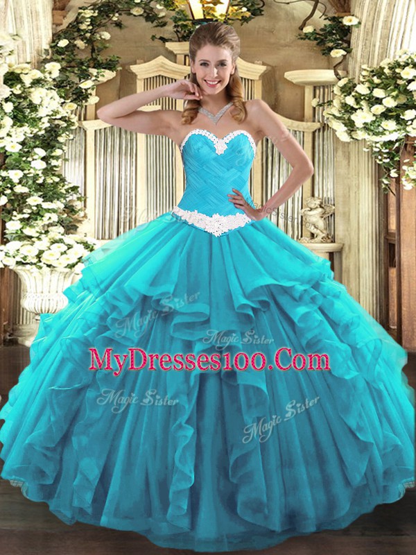 Aqua Blue Sweetheart Neckline Appliques and Ruffles Quinceanera Dresses Sleeveless Lace Up