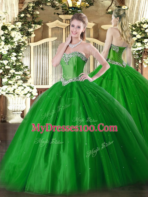 Green Ball Gowns Sweetheart Sleeveless Tulle Floor Length Lace Up Beading Quinceanera Dresses