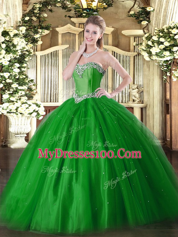 Green Ball Gowns Sweetheart Sleeveless Tulle Floor Length Lace Up Beading Quinceanera Dresses