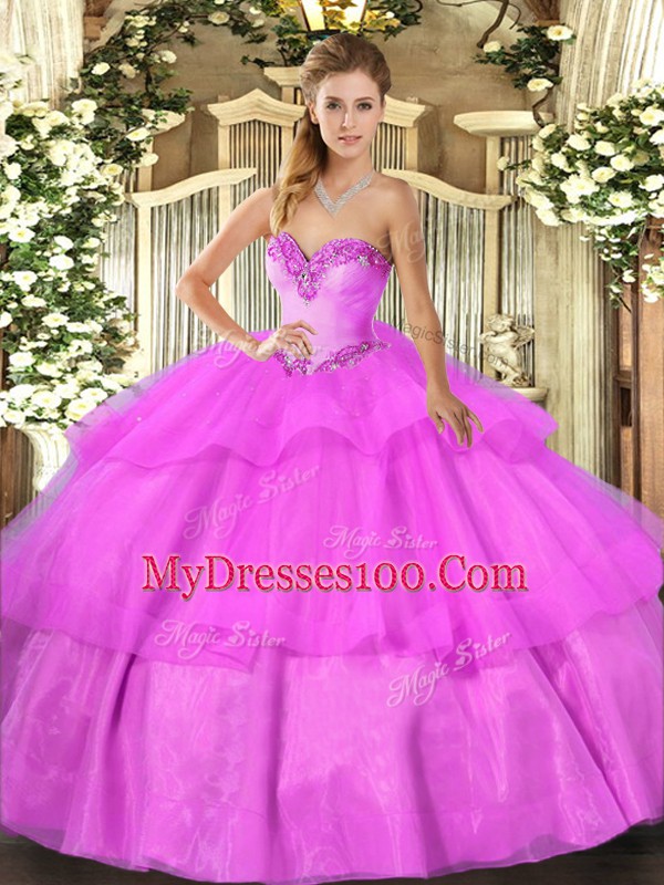 Exquisite Lilac Sleeveless Floor Length Beading and Ruffled Layers Lace Up Quinceanera Gown